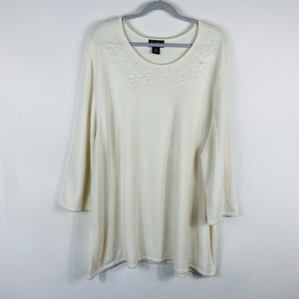 Maggie Barnes Plus Size 3X 26 28 Beaded Detail Sweater Ivory